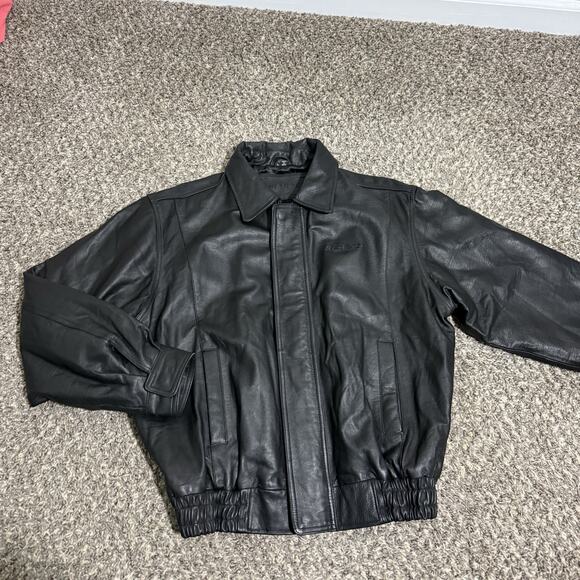 Netjets Leather Jacket Mens L Black Full Zip Bomber Aviator Flight Travel Coat - Picture 6 of 7